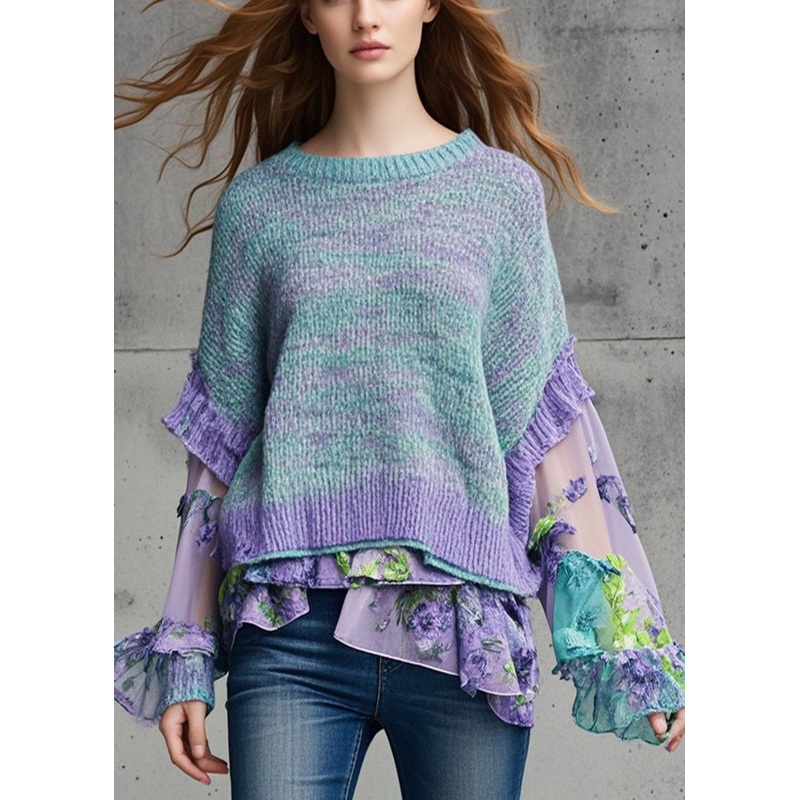 Purple Patchwork Chiffon Knitted Tops Asymmetrical Fall