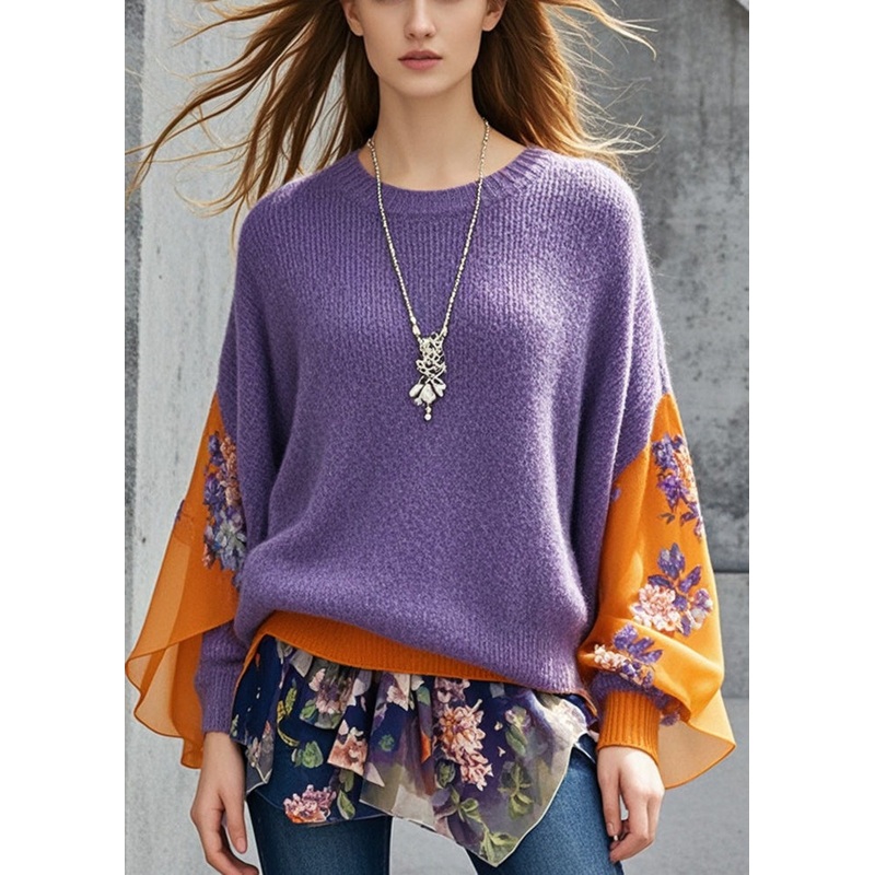 Purple Patchwork Knit Sweaters Oversized Print Fall