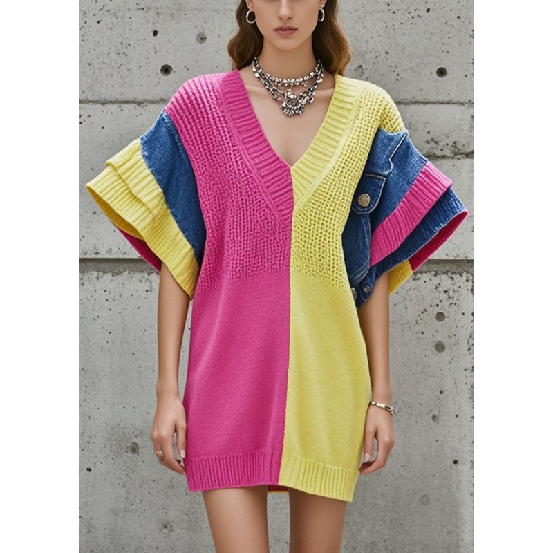 Rose Patchwork Knit Sweater V Neck Butterfly Sleeve