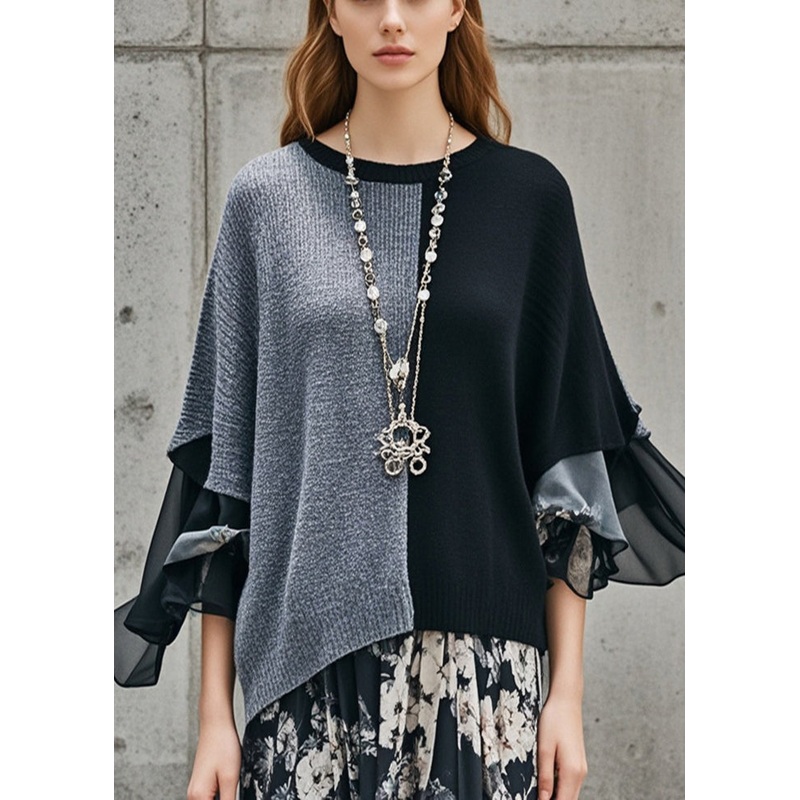 Stylish Colorblock Asymmetrical Patchwork Knit Pullover Fall