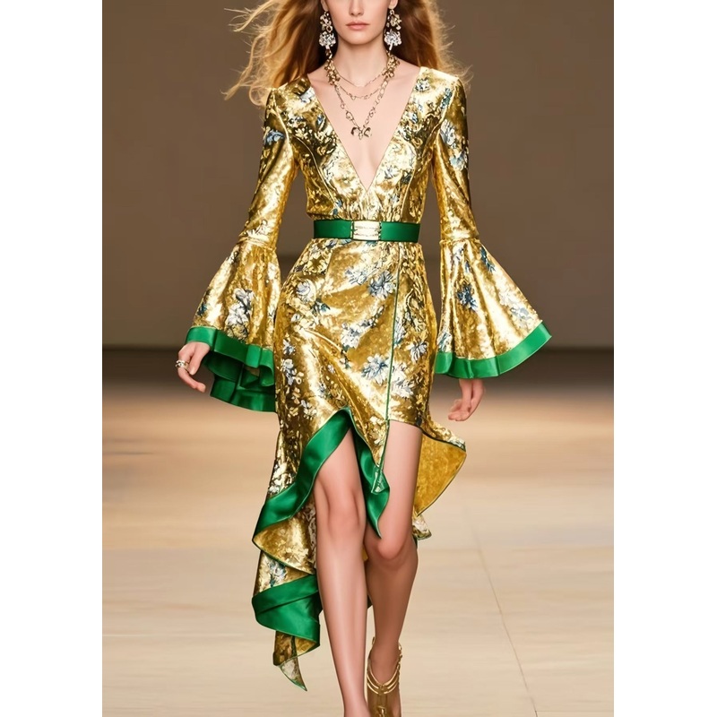 Stylish Golen Asymmetrical Design Silk Party Dress Flare Sleeve