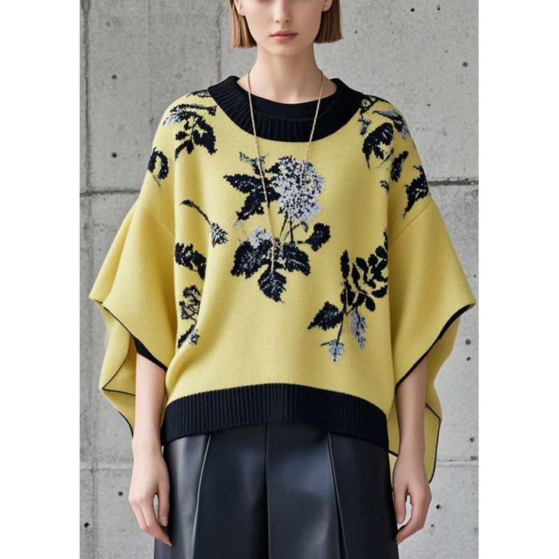 Stylish Yellow Oversized Jacquard Knit Pullover Batwing Sleeve