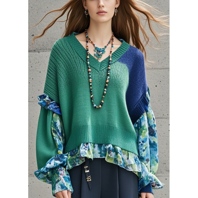 Unique Tea Green Asymmetrical Patchwork Knit Pullover Fall