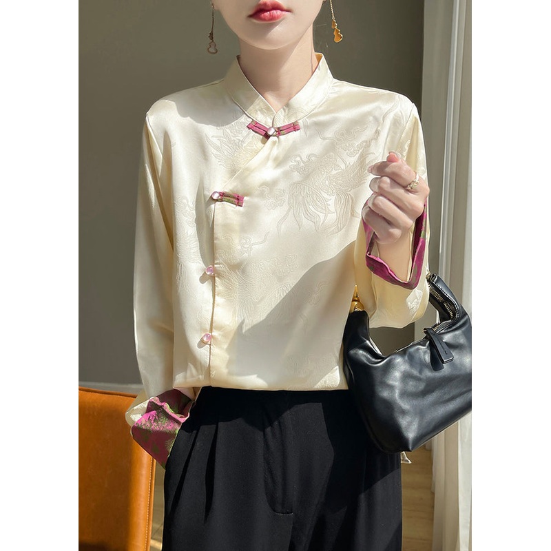 Women Champagne Stand Collar Button Silk Shirts Fall