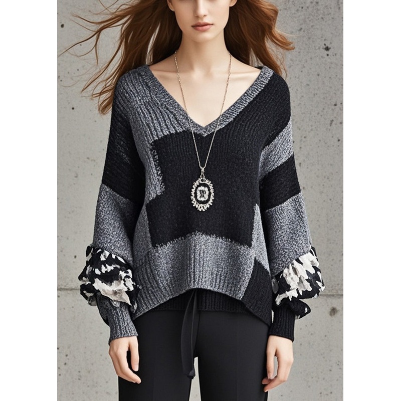 Women Grey V Neck Patchwork Knit Sweater Fall