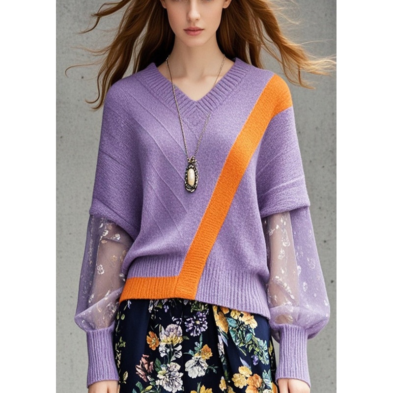 Women Lavender V Neck Patchwork Knit Sweater Tops Fall