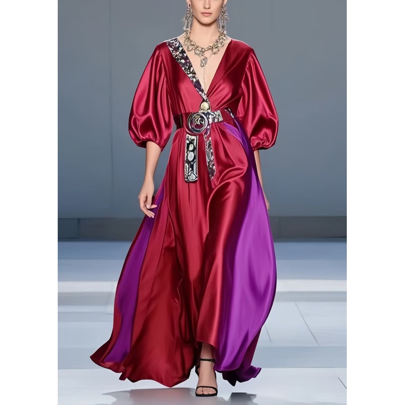 Women Mulberry Cinched Patchwork Silk Holiday Dress Summer