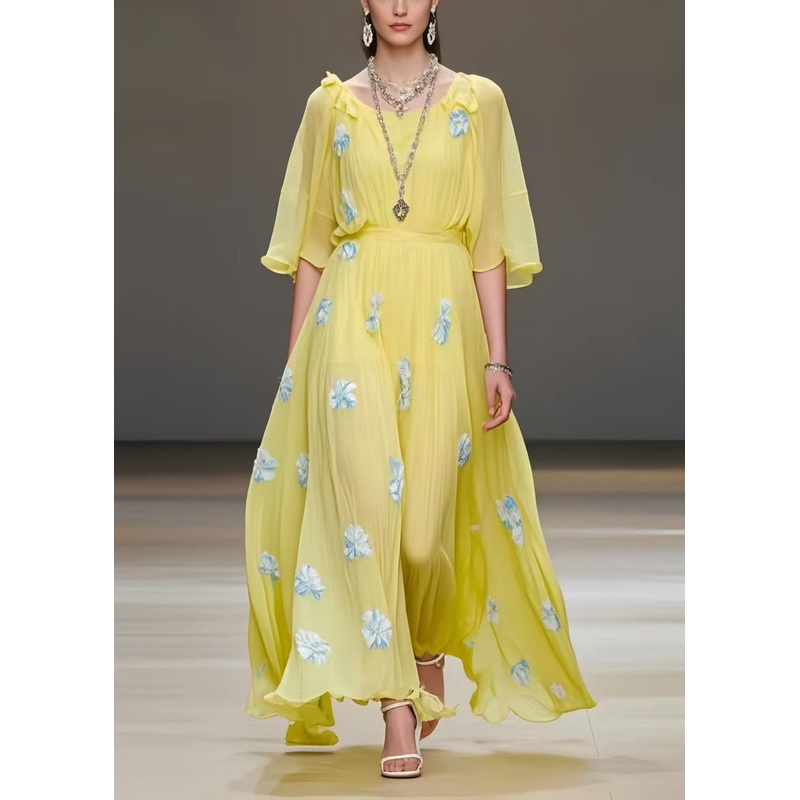 Yellow Floral Print Chiffon Vacation Dress Exra Large Hem Summer