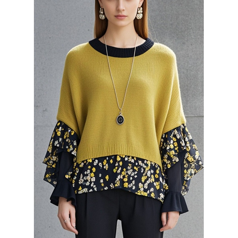 Yellow Patchwork Knit Sweaters Print Butterfly Sleeve
