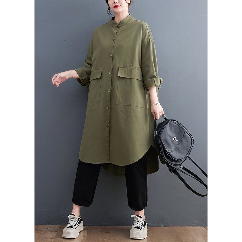 Army Green Pockets Cotton Shirts Coats Stand Collar Fall