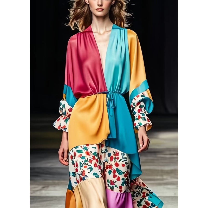 Art Colorblock Cinched Patchwork Print Silk Long Dress Spring