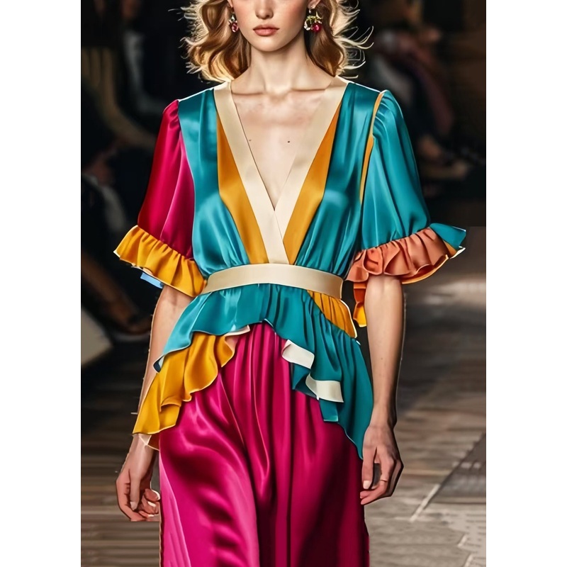 Art Colorblock Ruffles Patchwork Silk Maxi Dress Summer
