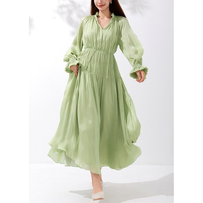 Art Green V Neck Wrinkled Lace Up Silk Maxi Dresses Butterfly Sleeve