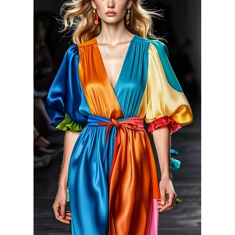 Art Peacock Blue Patchwork Silk Cinched Dresses Puff Sleeve