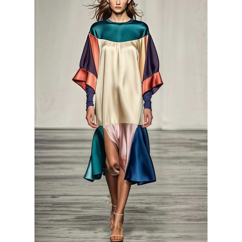Beautiful Colorblock Oversized Patchwork Side Open Silk Dress Summer