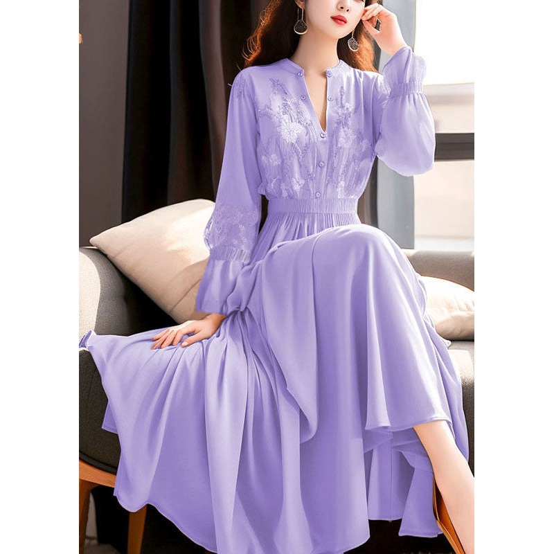 Beautiful Purple Embroidered Lace Elastic Waist Maxi Dresses Fall