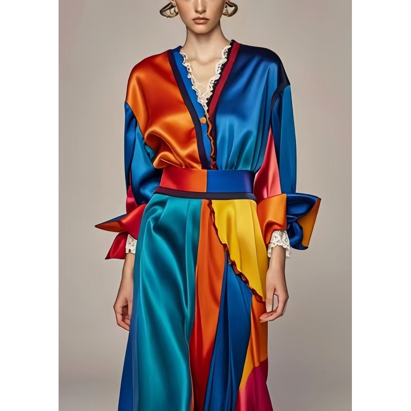 Bohemian Blue Cinched Patchwork Silm Fit Silk Long Dresses Spring