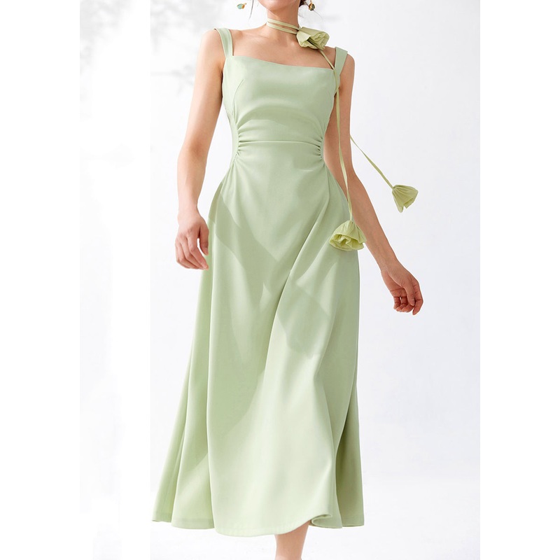 Bohemian Green Cold Shoulder High Waist Dresses Sleeveless
