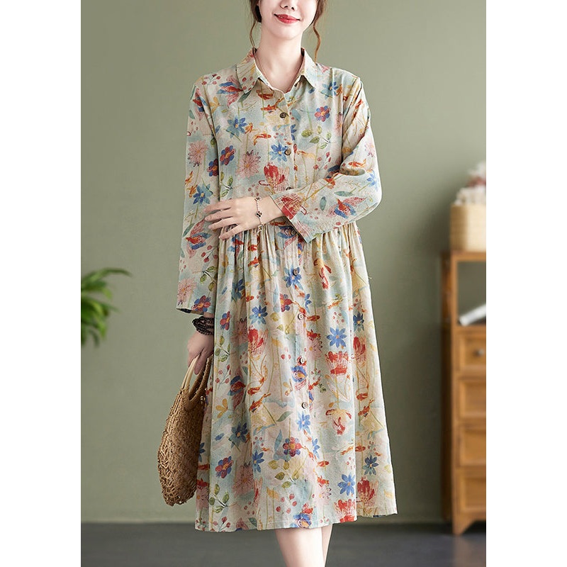 Bohemian Peter Pan Collar Print Wrinkled Cotton Dress Fall