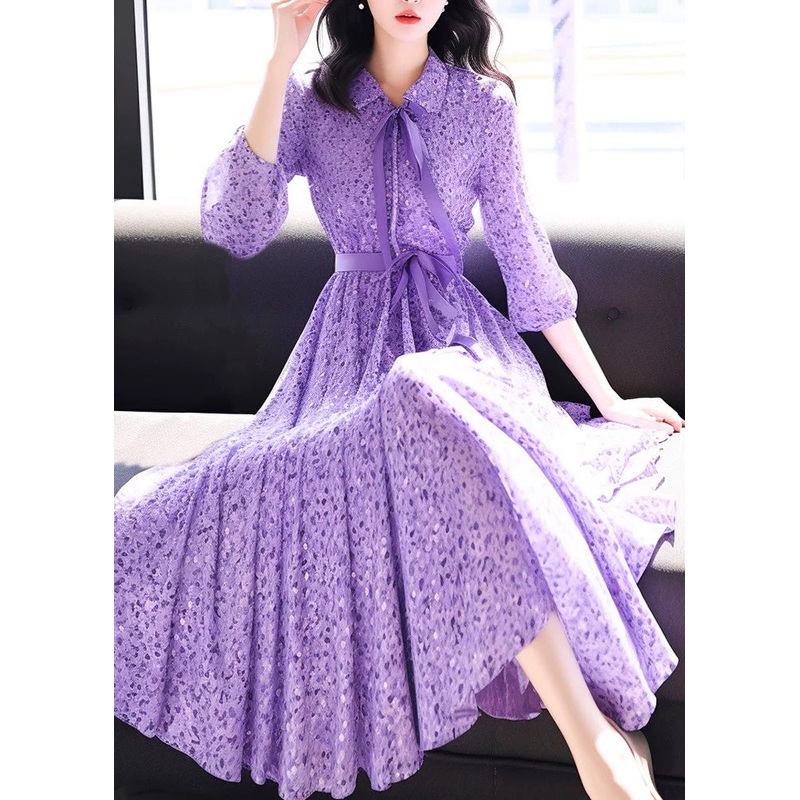 Bohemian Purple Peter Pan Collar Print Chiffon Dress Bracelet Sleeve