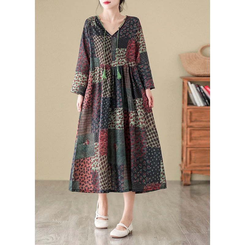 Bohemian V Neck Print Patchwork Cotton Long Dress Fall