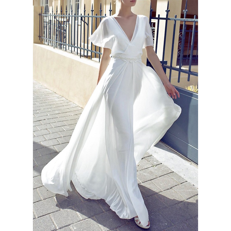 Bohemian White V Neck Backless Lace Ankle Dress Summer