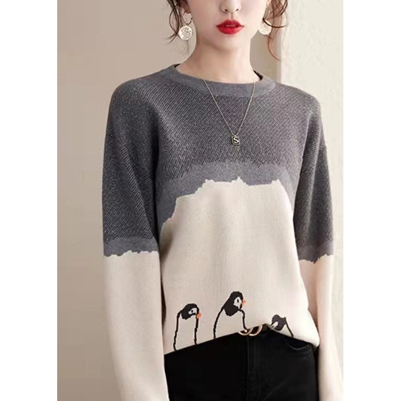 Boutique Photo Color O-Neck Print Cotton Knit Sweaters Fall