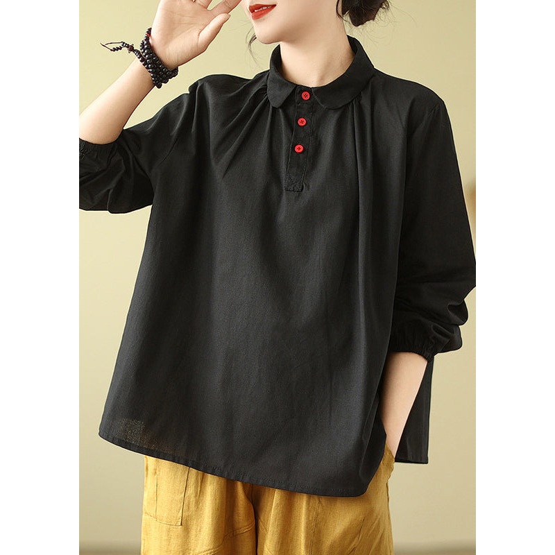 Casual Black Peter Pan Collar Wrinkled Cotton Shirts Fall