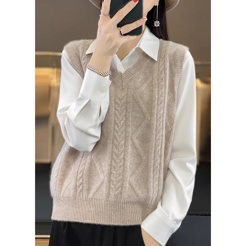 Casual Camel V Neck Thick Cable Wool Knit Waistcoat Fall