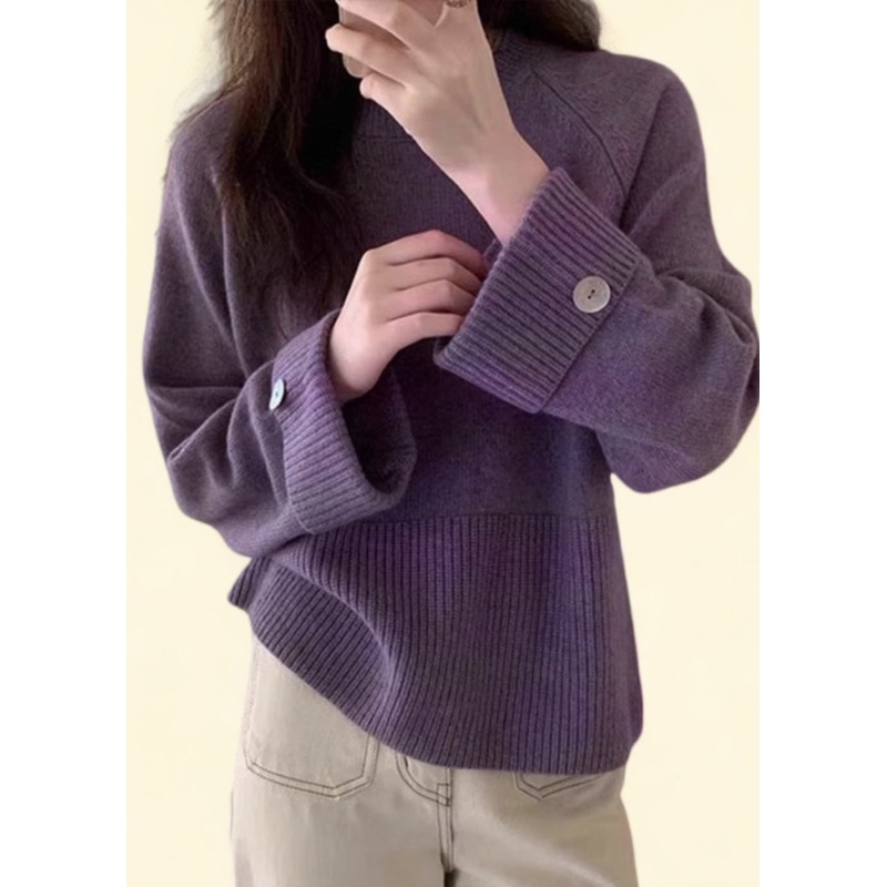 Casual Purple O-Neck Cozy Cotton Knit Sweater Top Fall
