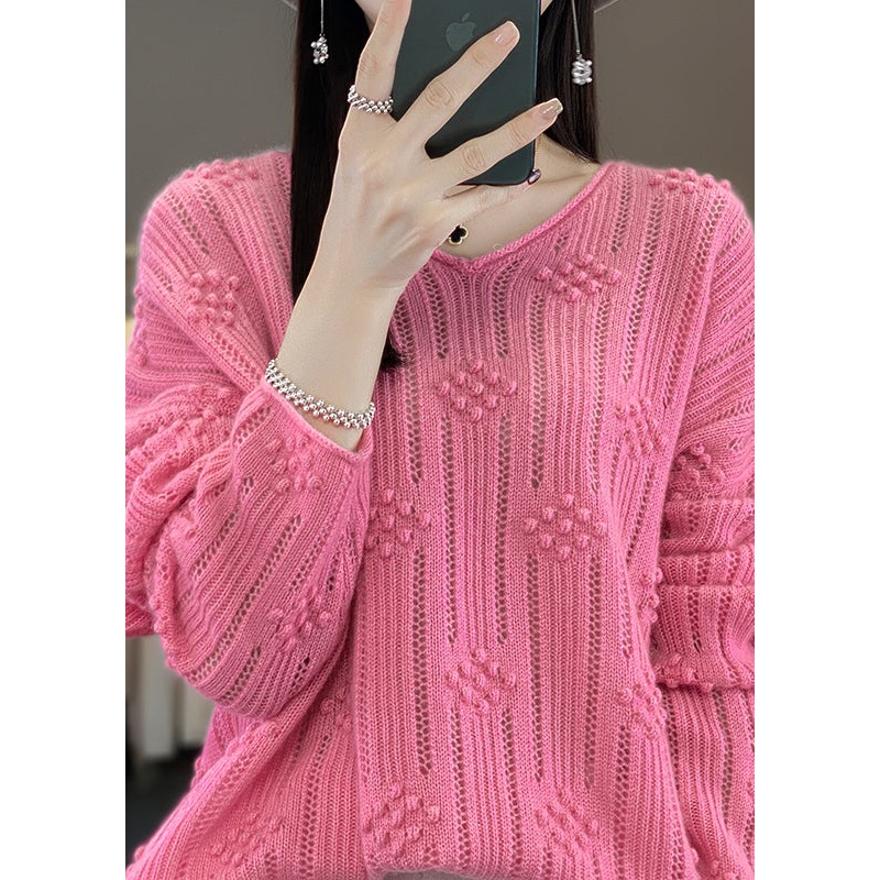 Casual Rose V Neck Hollow Out Cotton Knit Sweaters Fall