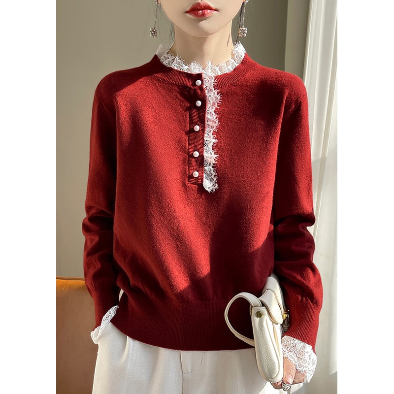 Chic Red Lace Patchwork Wool Knit Sweaters Fall