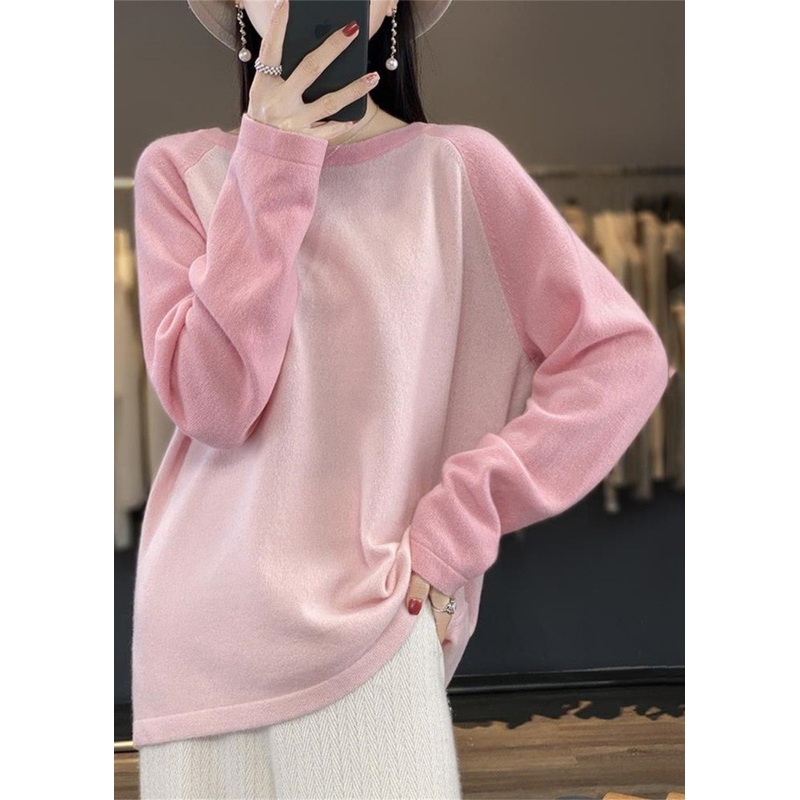 Cute Pink O-Neck Patchwork Wool Knit Sweaters Top Fall
