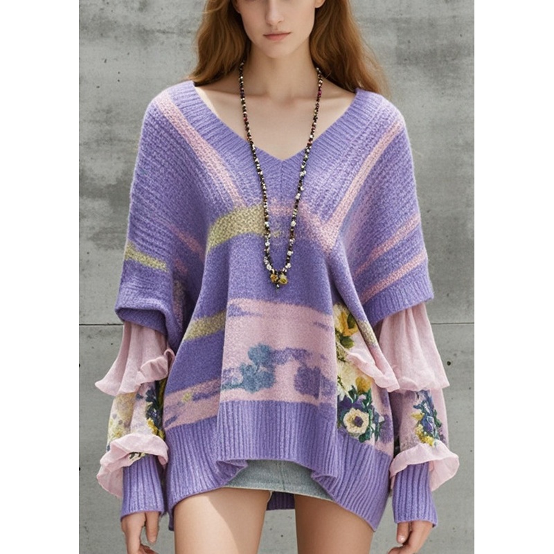 DIY Lavender Oversized Patchwork Knit Sweaters Fall