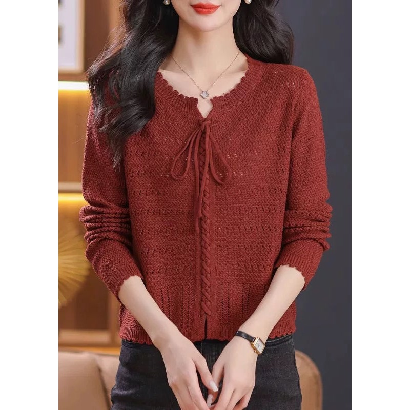 Elegant Red O Neck Hollow Out Lace Up Knit Shirt Top Fall