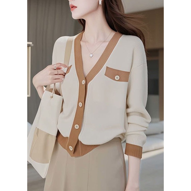 Fashion Colorblock V Neck Patchwork Button Cotton Knit Cardigans Fall