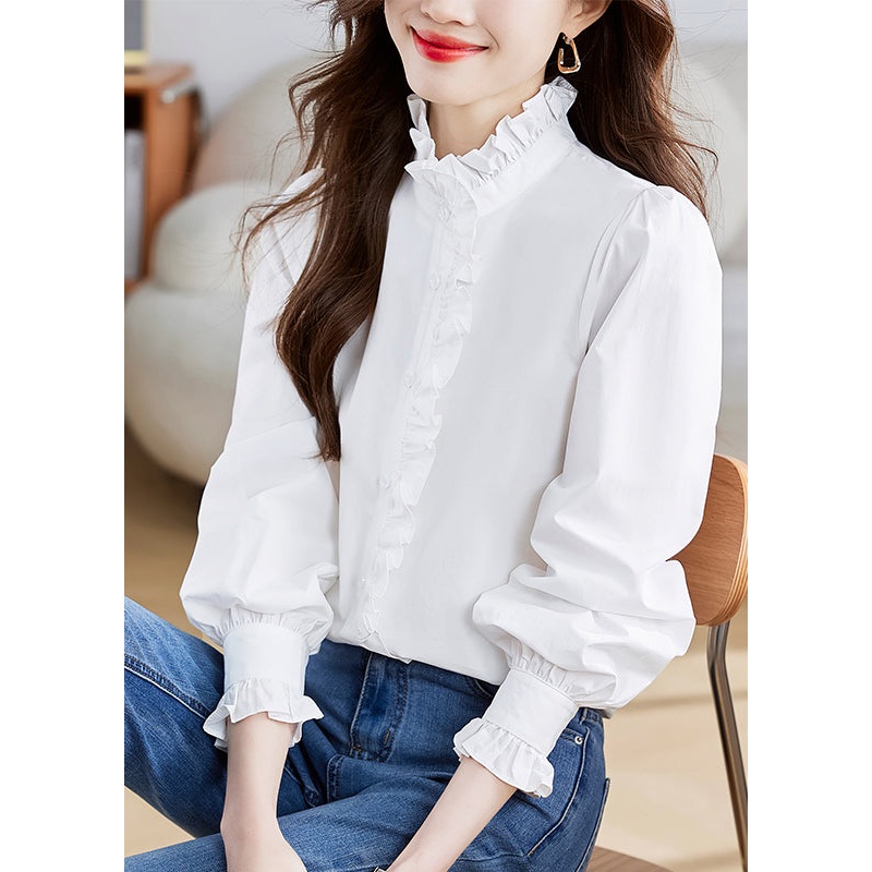 Fashion White Stand Collar Ruffled Patchwork Button Shirt Puff Sleeve