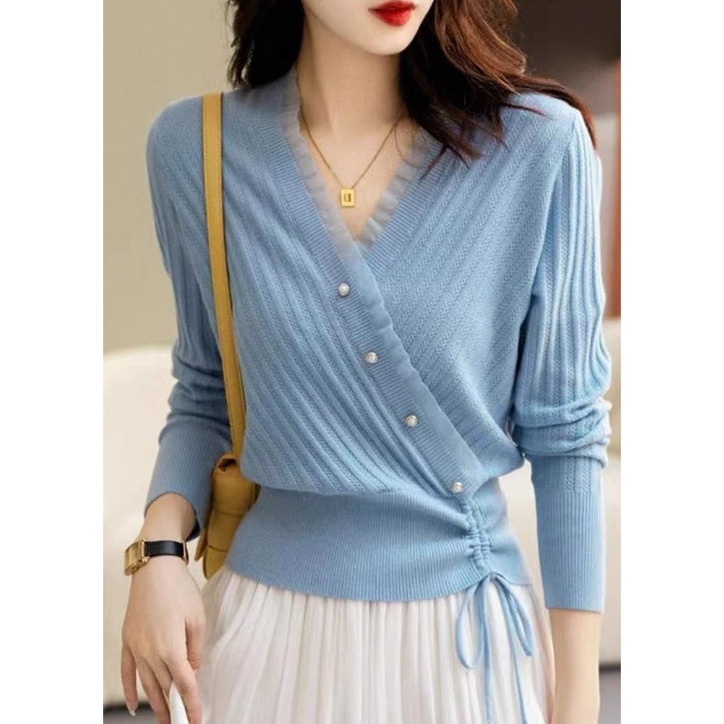 Fitted Blue V Neck Patchwork Drawstring Cotton Knit Sweaters Fall
