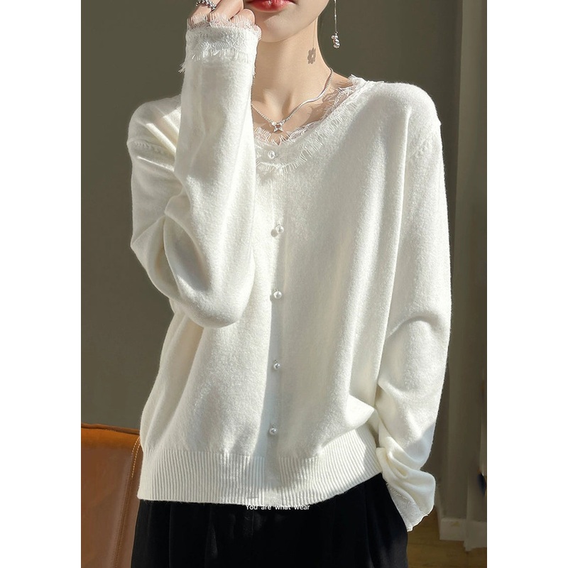 French White O-Neck Lace Patchwork Cotton Knit Sweater Fall