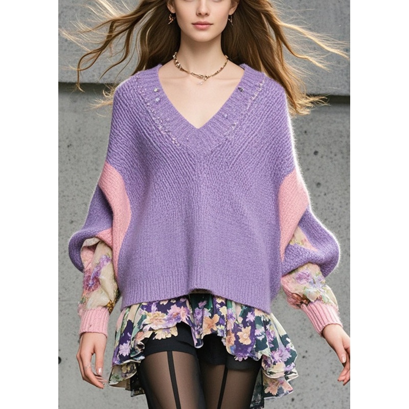 Italian Purple Oversized Patchwork Knit Sweaters Batwing Sleeve