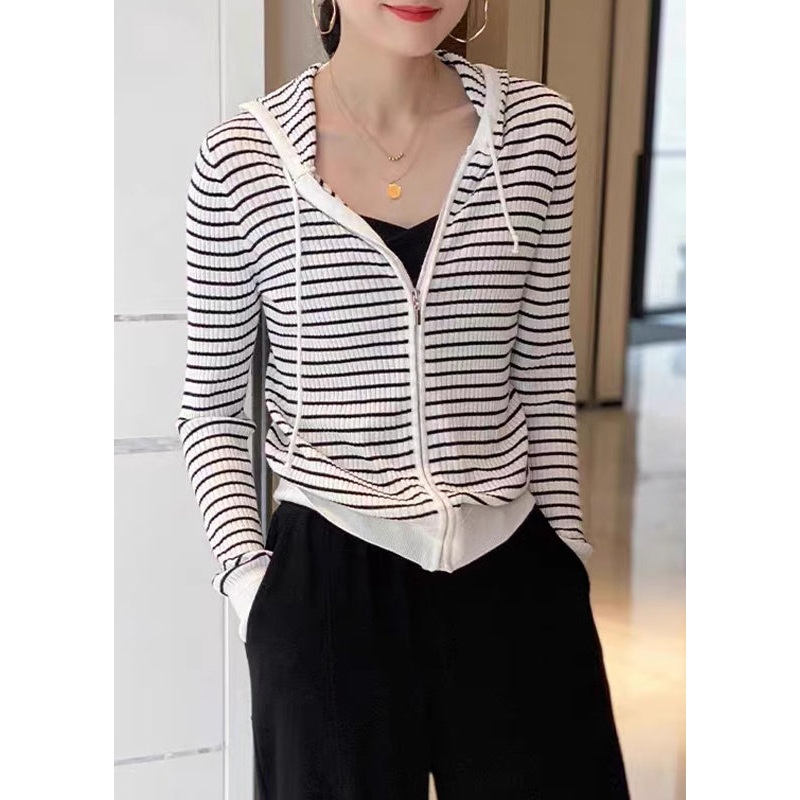 Loose White Zippered Patchwork Striped Wool Knit Hooded Cardigans Fall