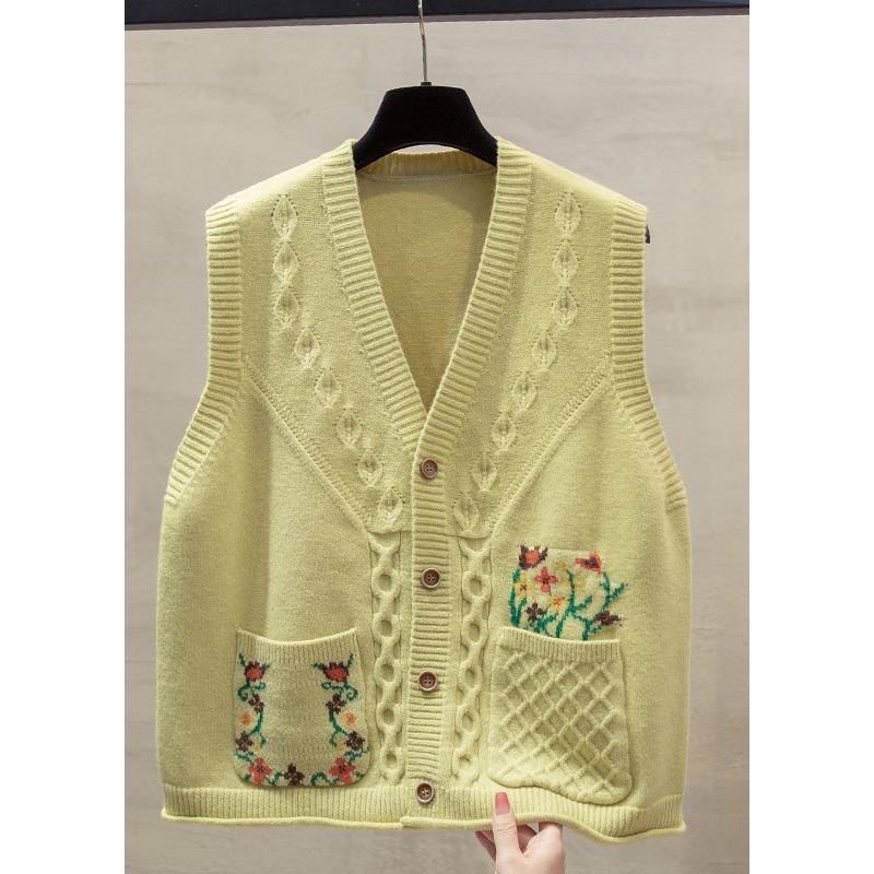 Natural Yellow V Neck Floral Cotton Knitted Waistcoat Fall