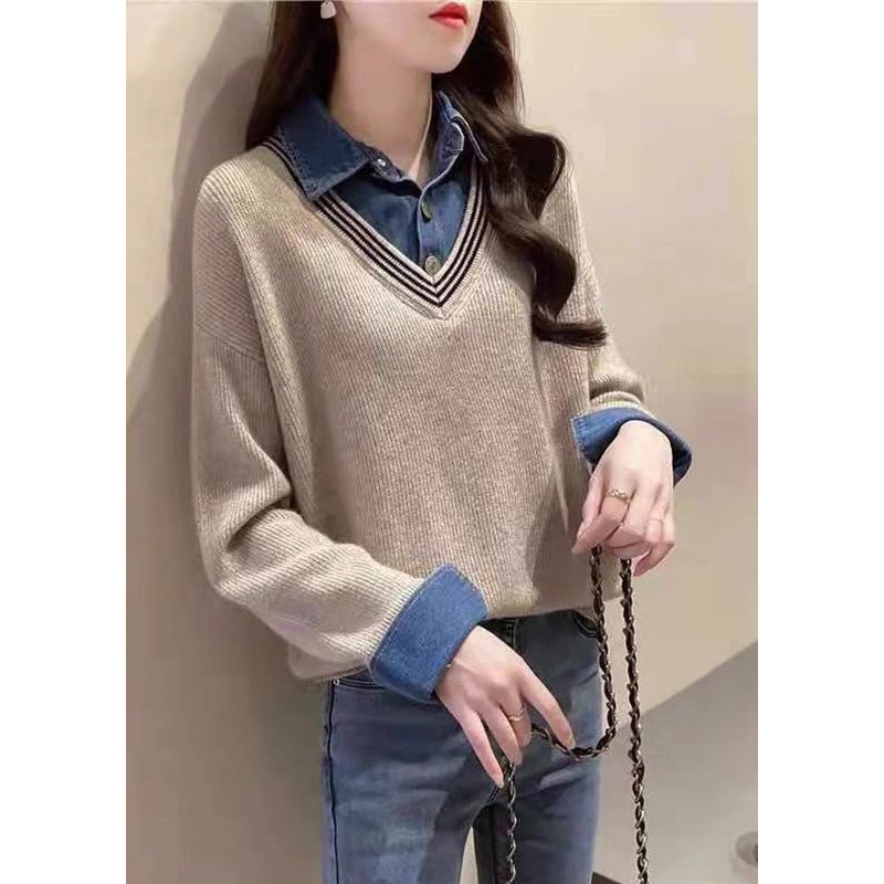 New Khaki False Two Pieces Patchwork Knit Sweaters Top Fall