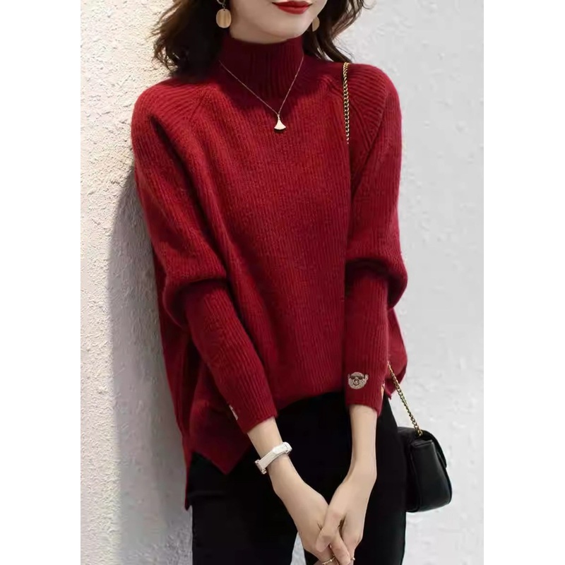 Organic Red Print Turtleneck Cotton Knit Sweaters Fall