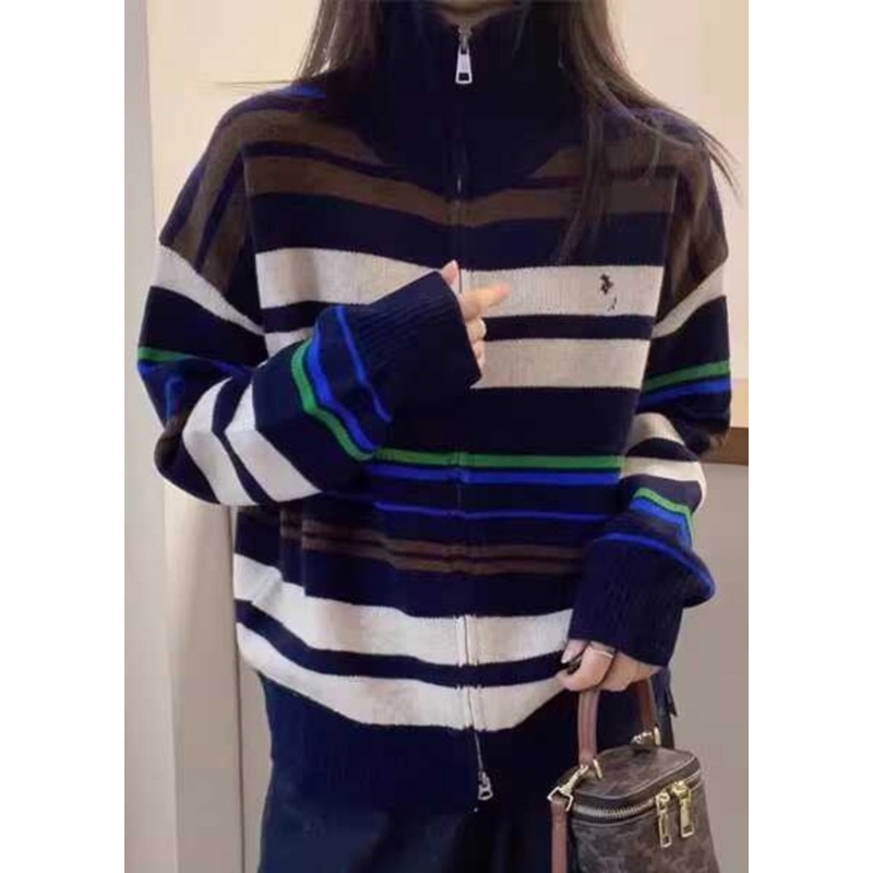Plus Size White Striped Patchwork Zippered Cotton Knit Sweaters Fall