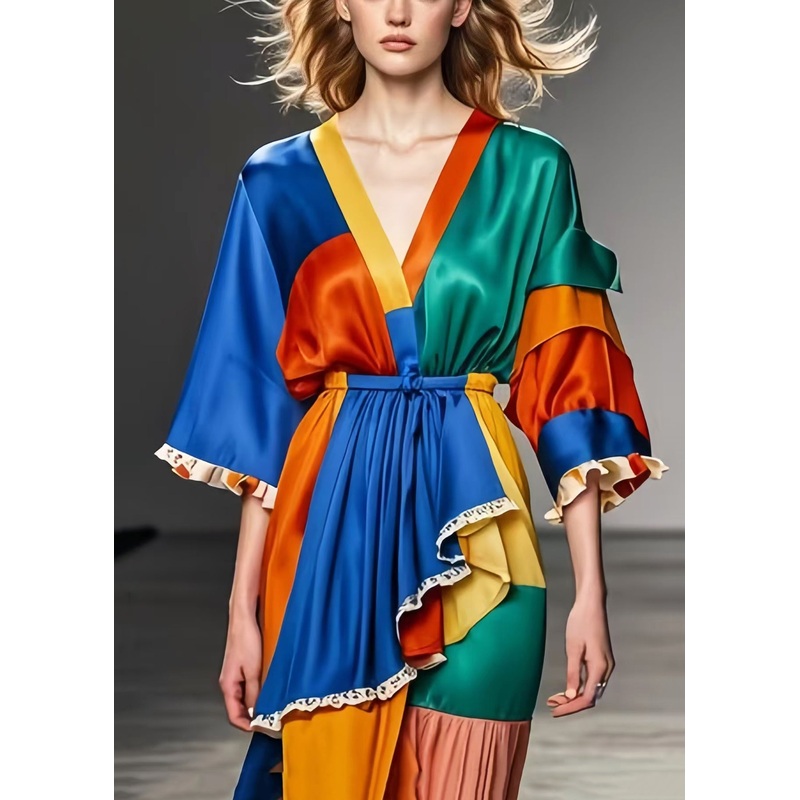 Unique Colorblock Asymmetrical Patchwork Silk Holiday Dress Summer