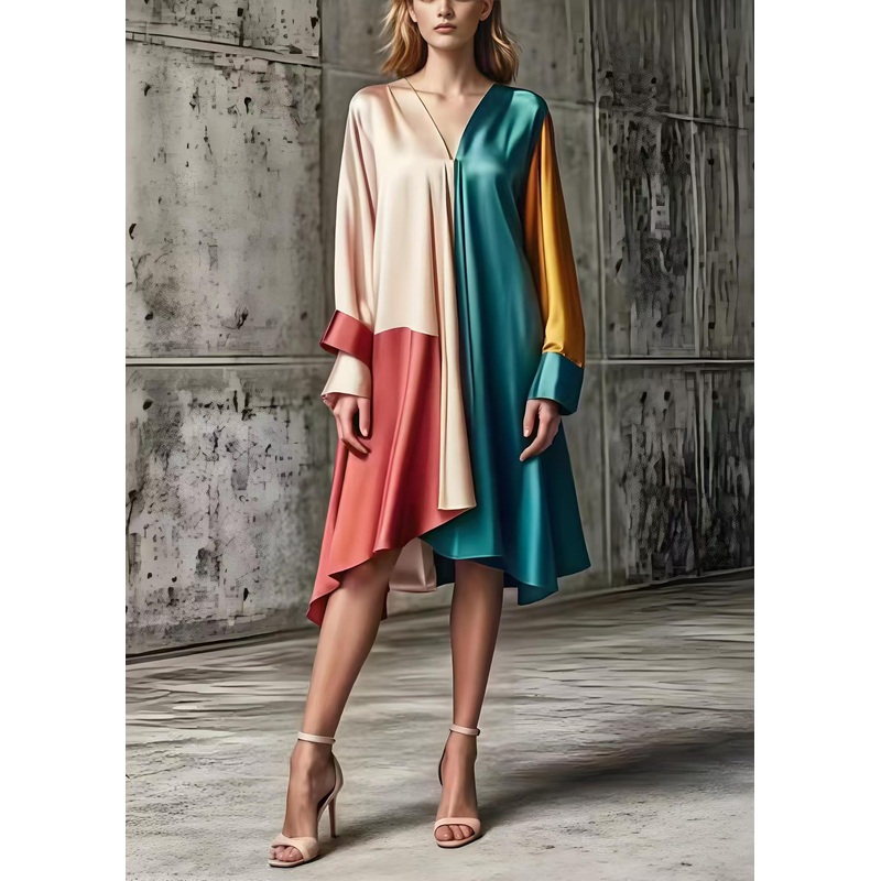 Women Asymmetrical Patchwork Silk Day Dress Spring