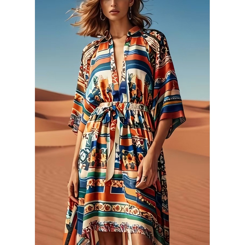 Women Brown Cinched Print Silk Beach Dress Summer
