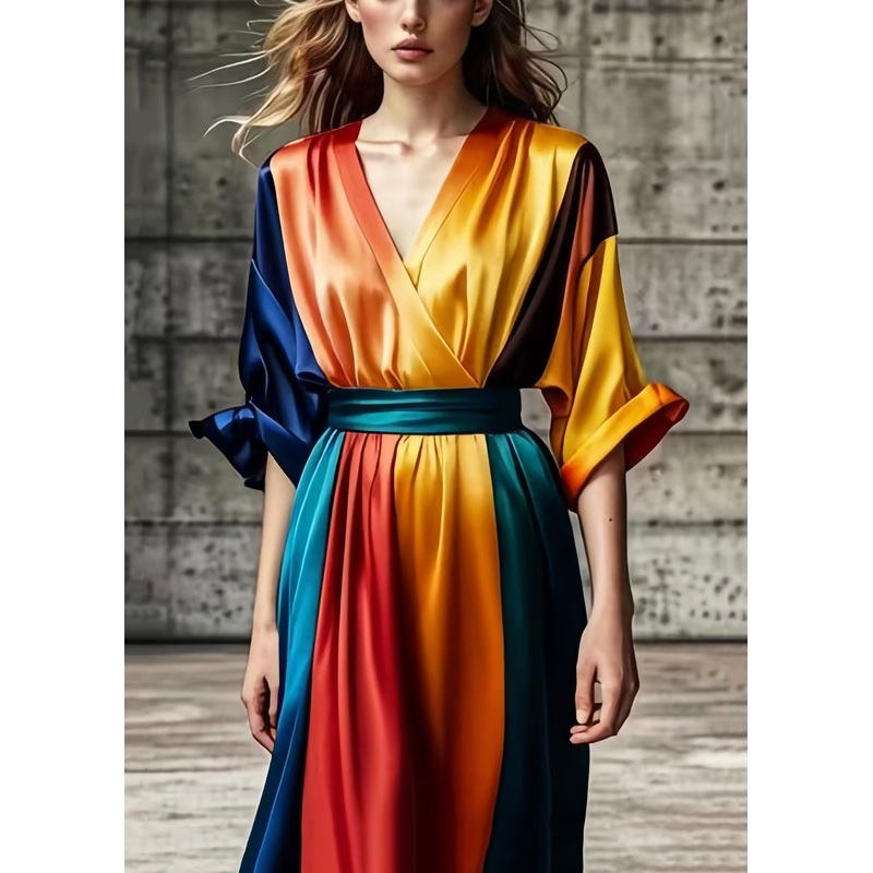 Women Colorblock V Neck Tie Dye Silk Vestidos Dresses Summer