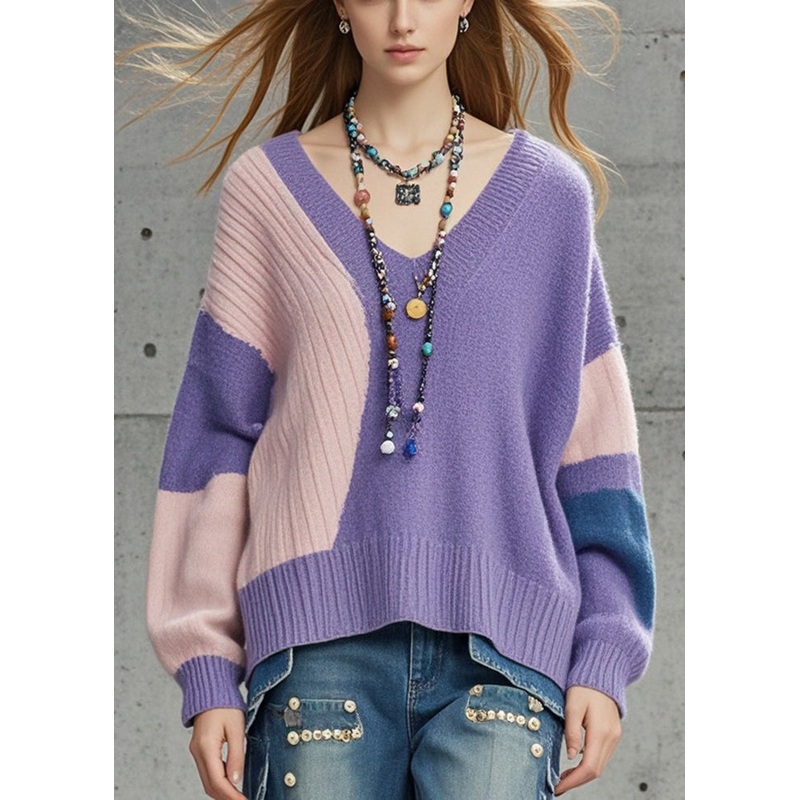 Women Purple Oversized Patchwork Knit Sweaters Fall